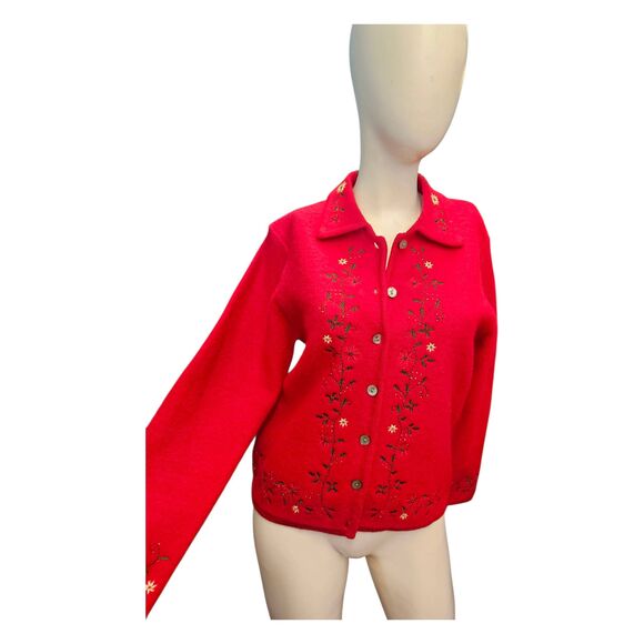 Karen Scott Red Wool Christmas Embroidered Cardigan Sweater Womens Size Small - Picture 1 of 9